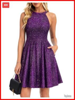 Halter Sequin Homecoming Dress with Pockets Sparkly Cocktail